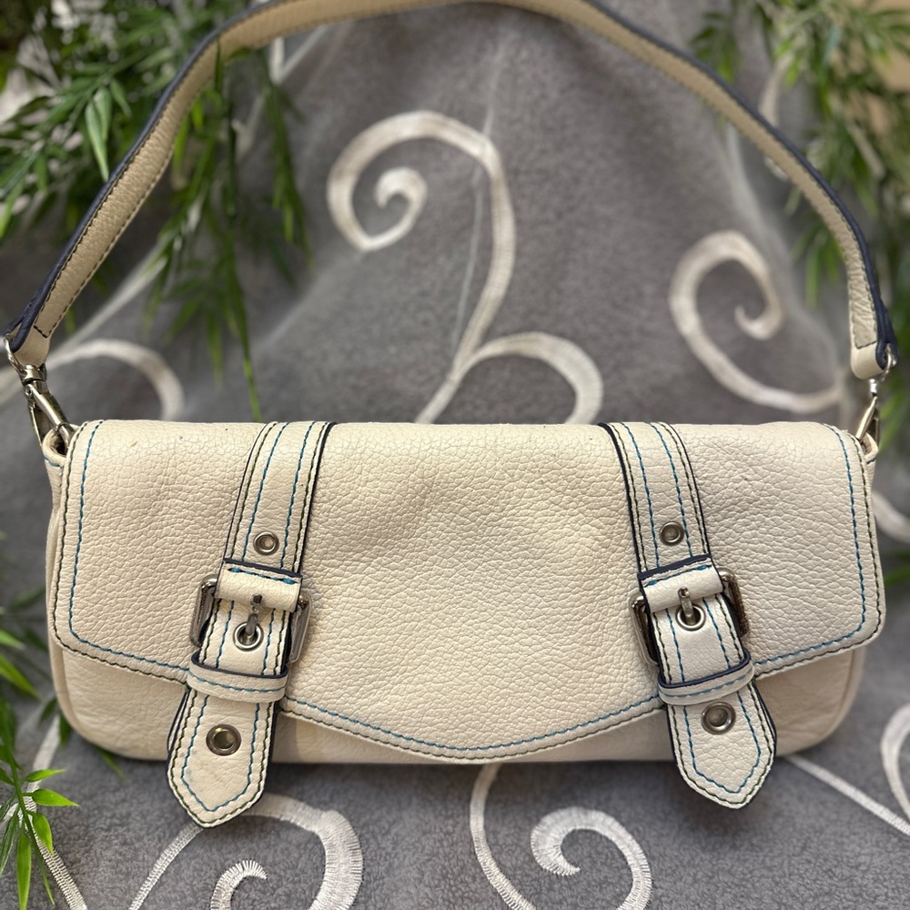 Wilsons Leather Cream Pebbled Leather Buckle-Accent Wristlet Shoulder Bag